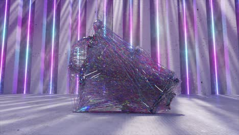 Side-View-of-a-Large-Diamond-Human-Statue-is-Connected-with-Colored-Transparent-Threads-with-a-Small