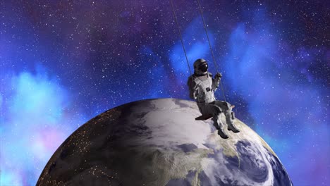 El-Astronauta-Se-Balancea-En-Un-Columpio-Con-El-Telón-De-Fondo-Del-Espacio-Y-La-Animación-3d-Del-Planeta-Tierra-De
