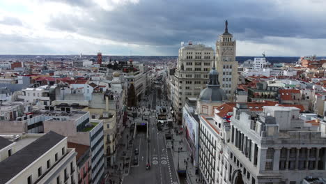 Madrid-aerial-cityscape-with-people-walking-in-Alcala-street-Spain