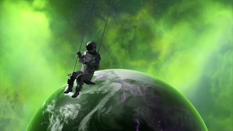 Concepto-Espacial-Astronauta-Balanceándose-Nubes-De-Neón-Verdes-En-El-Fondo-Cosmonauta-Silueta-Aislada