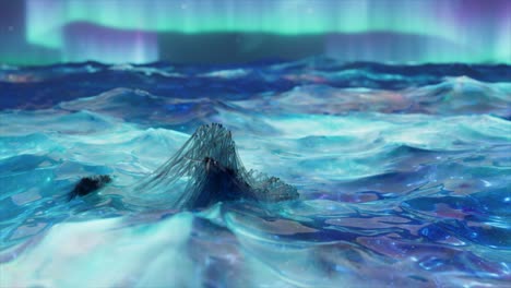 Eine-Lebendige-Menschliche-Figur-Aus-Transparenten-Fäden-Schwimmt-Und-Gibt-Signale-Meer-Blau-Neon-Wasser