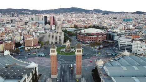 Barcelona-panorama-with-residential-areas-and-Spain-Square-aerial-view
