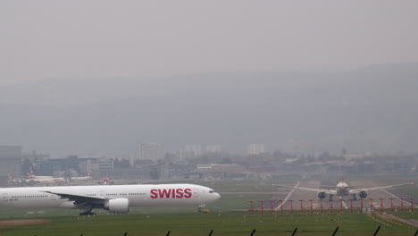 Airplanes-of-the-Swiss-airlines-are-taxiing