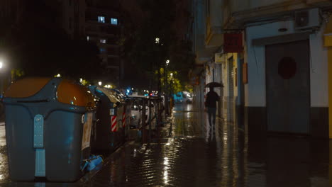 Man-with-umbrella-walking-under-drizzling-rain-in-night-city
