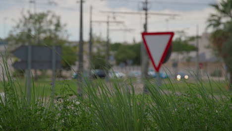A-road-sign-against-the-backdrop-of-grass