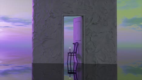 Weiße-Betonwand-Und-Eine-Offene-Tür-Zur-Imaginären-Welt,-Lila-Sonnenuntergang,-Surrealismus,-Eine-Kerze-Brennt-Auf-Einem