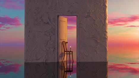 Weiße-Betonwand-Und-Eine-Offene-Tür-Zur-Imaginären-Welt,-Lila-Sonnenuntergang,-Surrealismus,-Eine-Kerze-Brennt-Auf-Einem