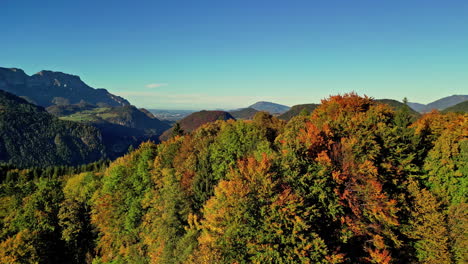 Luftdrohnenaufnahme-Der-Leuchtenden-Herbstfarben-Von-Bergen-Und-Dörfern-Im-Hintergrund-In-Attersee,-Österreich-Von-Oben