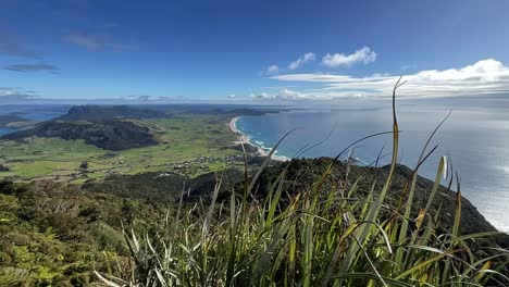 View-of-lush-island-coastline-with-blue-sky-from-top-of-mountain,-New-Zealand