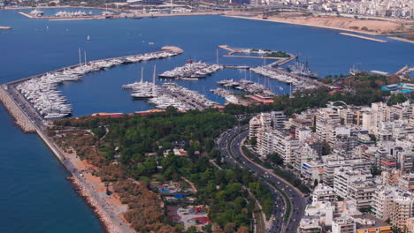 Tight-aerial-shot-over-Athens-seafront-marina