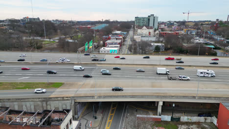 Aerial-view-of-traffic-movement-in-the-city-of-Atlanta,-Freeway-traffic,-Georgia,-USA