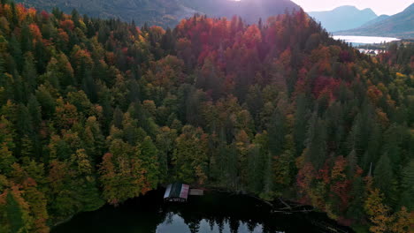 Beautiful-Autumn-forest-by-Lake-Toplitz,-Austria-from-drone---Residential-hut-on-the-bank-of-Lake-Toplitz