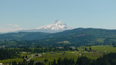 Aerial-tracking-shot-over-the-countryside-in-front-of-snowy-Mt-Hood,-summer-in-Oregon
