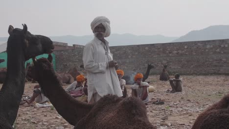 Los-Comerciantes-De-Camellos-Que-Asisten-A-La-Feria-De-Camellos-De-Pushkar,-Rajasthan,-India