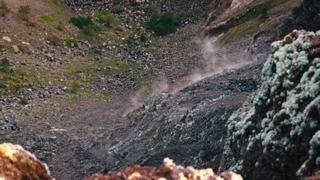 Sulfuric-fumes-on-Vesuvius'-rocky-terrain,-Naples,-Italy