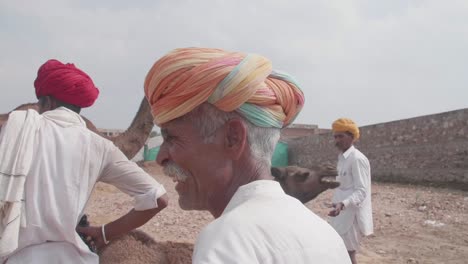 Gruppe-Indischer-Männer-Und-Ihre-Kamele-In-Der-Wüste-Von-Rajasthan