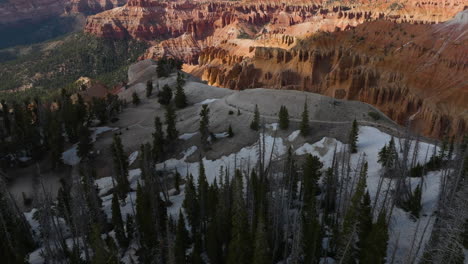 Aerial-view-tilting-over-a-cliff,-revealing-rock-formations,-in-sunny-Bryce-Canyon,-USA