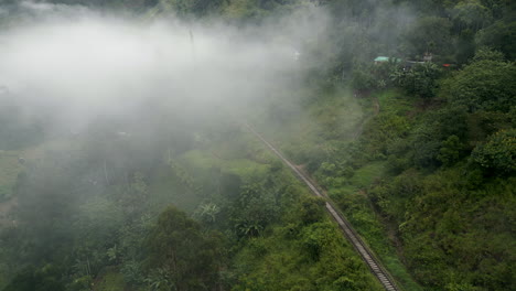Establishing-Aerial-Drone-Shot-into-the-Fog-of-Train-Track-in-Ella-Sri-Lanka-Hills