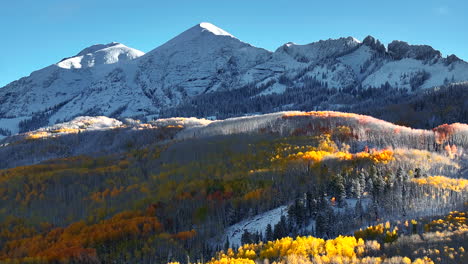 Kebler-Pass,-Filmische-Luftaufnahme,-Drohne,-Crested-Butte,-Gunnison,-Colorado,-Jahreszeiten,-Absturz,-Früher-Herbst,-Espe,-Rot,-Gelb,-Orange,-Wald,-Winter,-Erster-Schnee,-Pulver,-Felsige-Berggipfel,-Rückwärtsbewegung