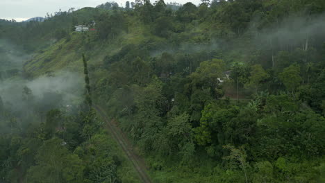 Establishing-Aerial-Drone-Shot-on-Foggy-Morning-of-Ella-Hills-with-Train-Track