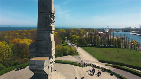 Aerial-shot-of-drone-flying-around-historical-monument-in-Westerplatte,-Gdansk,-Poland