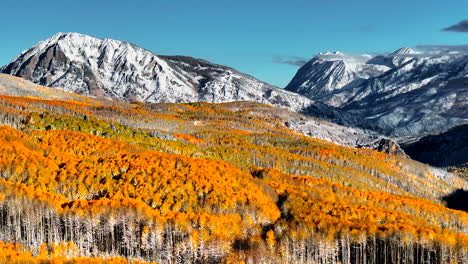 Kebler-Pass-aerial-cinematic-drone-morning-light-Crested-Butte-Gunnison-Colorado-seasons-crash-early-fall-aspen-tree-red-yellow-orange-forest-winter-first-snow-Rocky-Mountain-peaks-circle-right-motion