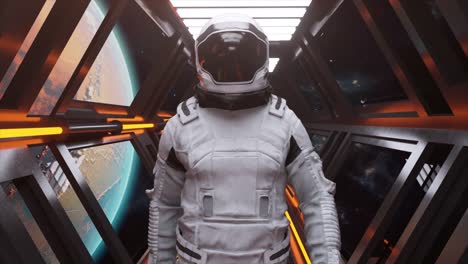 An-Astronaut-Walks-Through-a-Futuristic-Spacecraft-Tunnel-with-the-Planet-Mars-in-the-Background