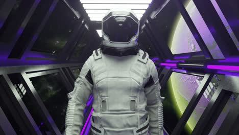 Tecnología-Y-Concepto-Futuro-Astronauta-Caminando-En-El-Túnel-De-La-Nave-Espacial-Corredor-Del-Transbordador-De-Ciencia-Ficción-Púrpura
