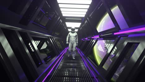 Technology-and-Future-Concept-Astronaut-Walking-in-Spaceship-Tunnel-Scifi-Shuttle-Corridor-Purple