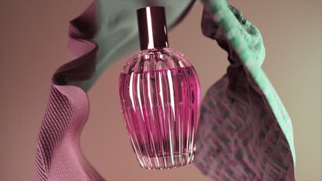 Botella-Cosmética-De-Perfume-Sobre-Un-Fondo-Beige-Producto-Cosmético-Fragante-Tela-De-Seda-Por-Todas-Partes