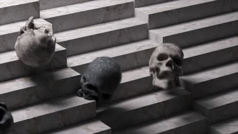 Horror-Concept-Soft-Gray-and-Black-Skulls-Roll-Down-the-Stairs-Marble-Stairs-Closeup-3d-Animation