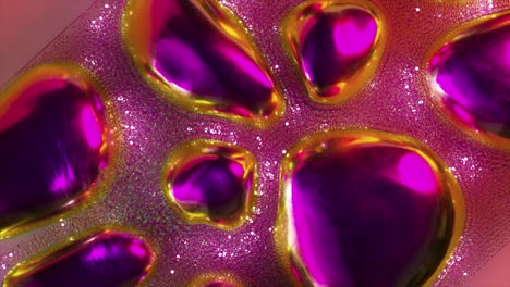 Abstract-Concept-A-Stream-of-Glowing-Pink-Neon-Particles-Flows-Around-Gold-Purple-Metal-Bubbles