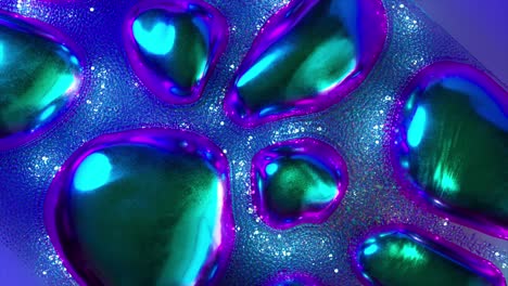 Stream-of-Diamond-Glowing-Bubbles-Colored-Metal-Objects-Pink-Gold-Neon-Color-Slow-Motion-Mirror
