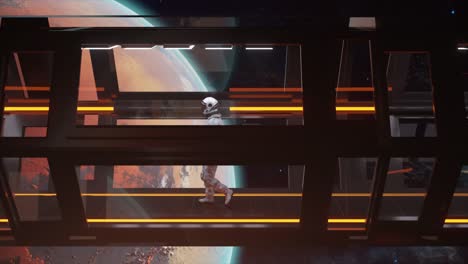 Technology-and-Future-Concept-Alone-Astronaut-Walking-in-a-Futuristic-Scifi-Corridor-Orange-Neon