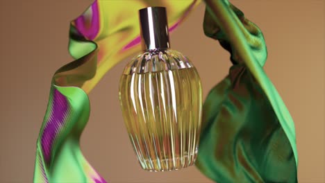 Beauty-Concept-Perfume-Bottle-on-Abstract-Beige-Background-Pieces-of-Silk-Fabric-Fly-Around-the
