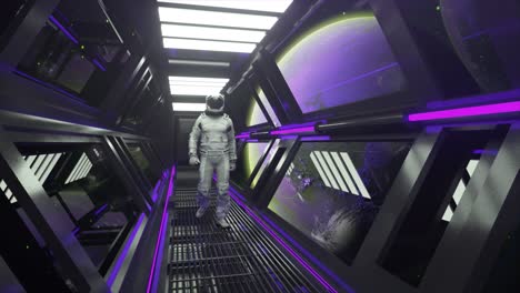 Astronaut-Geht-Durch-Den-Tunnel-Eines-Raumschiffs,-Futuristischer-Scifi-Weltraumkorridor,-Mondumlaufbahn,-Neonlicht
