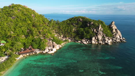 Aerial-view-of-scenic-natural-seascape-with-pristine-ocean-sea-water-and-enchanted-tropical-paradise-destination-in-koh-tao-Thailand-south-east-Asia