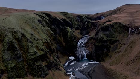 Waterfall-Stjórnarfoss-In-South-Iceland---Aerial-Drone-Shot