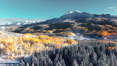 Frosted-crisp-cold-freezing-frozen-morning-first-light-Kebler-Pass-Colorado-aerial-cinematic-drone-fall-winter-season-collide-first-white-snow-red-yellow-orange-aspen-tree-forest-blue-sky-forward