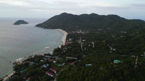 Aerial-view-of-famous-tourist-spot-called-shark-bay-in-koh-tao-Thailand-south-east-asia-travel-holiday-destinations-for-backpackers-and-digital-nomad,-resort-beach-town