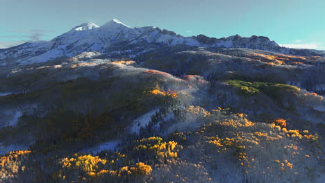 Frosted-crisp-cold-freezing-frozen-morning-first-light-Kebler-Pass-Colorado-aerial-cinematic-drone-fall-winter-season-collide-first-white-snow-red-yellow-orange-aspen-tree-forest-blue-sky-upward