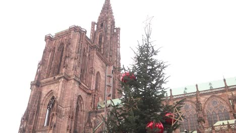 Mirando-Un-árbol-De-Navidad-Con-Adornos-Rojos-Gigantes-Frente-A-La-Catedral-De-Estrasburgo,-Mercado-Festivo-De-Navidad-En-Estrasburgo,-Francia,-Europa