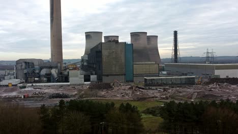 Fiddlers-ferry-power-station-aerial-view-flyover-wreckage-of-demolished-cooling-towers-and-disused-factory-remains
