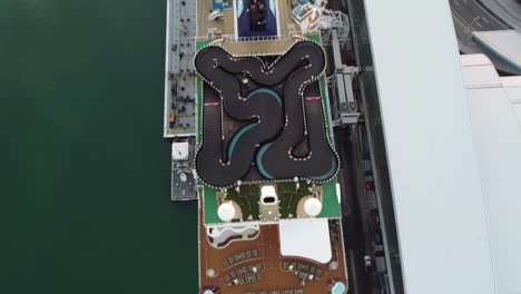 Aerial-Top-Deck-View-Of-The-Norwegian-Cruise-Line-Docked-In-Terminal-B-Of-PortMiami,-Florida