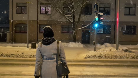 Woman-walking-in-a-city-at-night-while-it-is-snowing