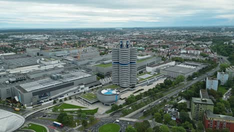 The-city-of-Munich-and-the-impressive-tourist-attraction,-BMW-Museum