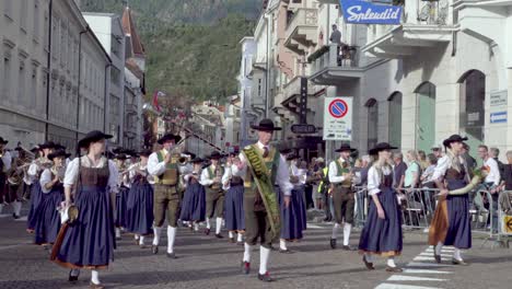 Performance-of-a-marching-band-during-the-annual-grape-festival-in-Meran---Merano,-South-Tyrol,-Italy