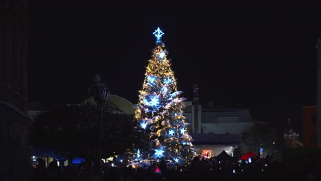Den-Weihnachtsbaum-Auf-Einem-Platz-Voller-Menschen-Anzünden
