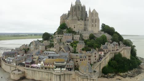 Aerial-Drone-Camera-Close-Up-Shot-in-Beautiful-World-Best-Castle-Mont-Saint-Michel-Castle-in-France