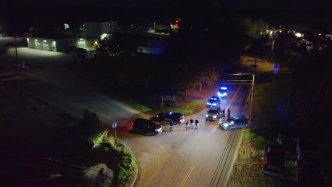 Night-time-aerial-view-of-police-officers-flashing-lights-from-cars-gathered-outside-of-town-on-lockdown